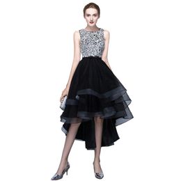 Siyah Kısa Ön Uzun Arka Parti Elbise Prenses vestido de festa Şık payetli Prom Parti Elbise Mezuniyet Elbiseleri