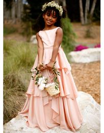 New Cheap Blush Pink Flower Girls Dresses For Wedding Jewel Neck Satin Ruffles Princess Long Zipper Back Children Kids Party Commu3312