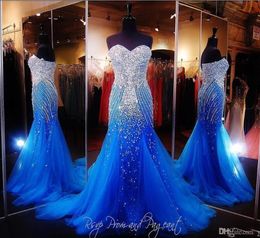 2020 Hot Bling Sexy Evening Dresses Wear Sweetheart Crystal Major Beading Royal Blue Tulle Long Zipper Back Formal Pageant Prom Party Gowns