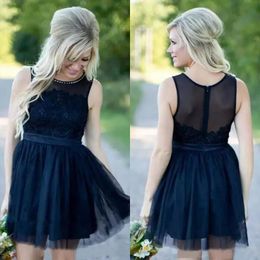 Navy Blue Short Country Bridesmaid Dresses 2017 Cheap Jewel Beaded Collar Lace Tulle Mini Wedding Party Formal Gown Custom Made EN9253