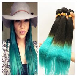 9A Peruvian 1B Teal Two Tone Human Virgin Hair Bundles 3Pcs Lot Silky Straight Extensions Dark Roots Teal Green Ombre Human Hair Weaves