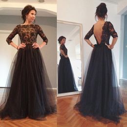 Charming Black Mother Of The Bride Dresses 3/4 Sleeves Lace Appliques Beaded Sexy Backless Tulle Evening Gowns