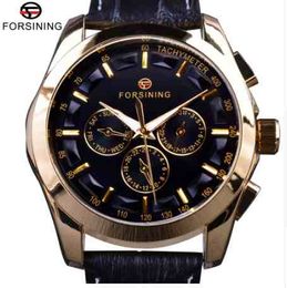 Forsining 2021 Retro Fashion Designer Three Dial Decoration Genuine Leather Golden Men Top Brand Luxury Automatic Mechanical Watches+ Box