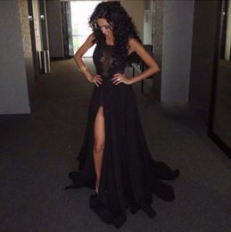 Sexy Side Split Black Long prom dress floor length hot sale see through top evening party dress adult dress