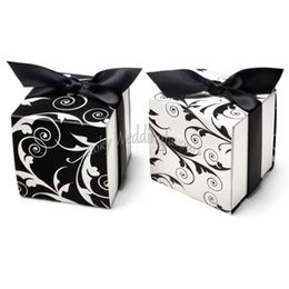 FREE SHIPPING 50PCS 2" Two Sides Filigree Favor Boxes with BLACK Ribbon Wedding Favors Boxes Party Paper Boxes Wedding Favors Package