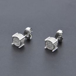 Hip Hop Iced Out Silver Lab Diamond Screw Back Stud Earring 3d Round Side CZ Simulated Jewelry