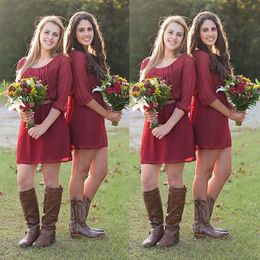 New Arrival 2016 Country Style Short Bridesmaid Dresses Under 100 Cheap Scoop Dark Red Chiffon 3/4 Long Sleeves Casual Formal Gown EN3225