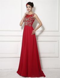 2017 Sexy Red Scoop Crystal A-Line Formal Evening Dresses With Backless Chiffon Floor-Length Plus Size Prom Party Celebrity Gowns BE13
