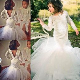 Sexy Backless Mermaid Girls Pageant Dresses 2017 Lace Long Sleeve Tulle Ruffles Flower Girl Dresses For Wedding Baby Girls Communion Dresses