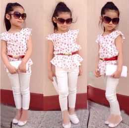 Summer Girls Clothing Kids Suits Baby Girls Clothes Flower Shirt Tops +White Pants + Belt Three Piece Set Cotton Baby Outfits For Girls