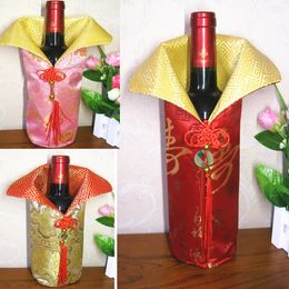 -Cubierta de botella de vino de seda hecha a mano china con nudo chino Año Nuevo Navidad Decoración de la Navidad Bolsas de la cubierta