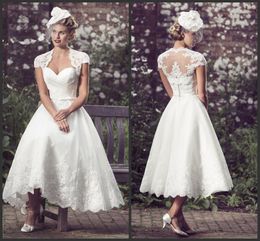 Short Wedding Dresses Appliques Lace Tea Length With Jacket Elegant Iullsion Bridal Gown Fashion Modest Beautiful High Quality Formal Wear