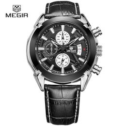 megir fashion leather sports quartz watch for man military chronograph wrist watches men army style 2020 free shipping