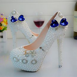 White Pearl Blue Crystal High Heel SHoes Women New Designer Handmade Wedding Shoes Crown Rhinestone Lady Happy Prom Shoes