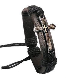 Cross Bible Charm Braided Bracelet Lection Rope Chain Bangle Handmade Black Genuine Leather Adjustable Wristband Vintage Jewellery Wholesale