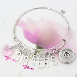 New Arrival Interchangeable Pink Crystal Heart Initials Letter SISTERS Charm Wire Expandable Adjustable DIY Snaps Bangles Bracelets