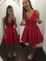 2017 Cheap Sheer Deep V Neck Short Wed Guest Cocktail Dresses Red Satin Draped Corset Formal Special Prom Party Gowns