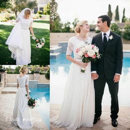 Elegant White Wedding Dresses High Quality Half Sleeves Chiffon Lace Long Women Wear Bridal Party Gowns Plus Size