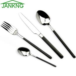 JANKNG 4 Pcs/Lot Black Handle Flatware Sets Thick Stainless Steel Polish Cutlery Set Knife Spoon Fork Silverware Casual Dinnerware Set