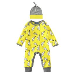 Newborn Romper Kids Clothing Long Sleeve Paper Aeroplane Printed Romper Baby Boys Girls Clothes Jumpsuit Hat 2PCS Baby Outfits Spring Autumn