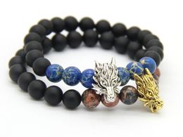 New Arrival Beaded Mens Stretch Bracelets Wholesale Matte Agate, Blue Sea Sediment Stone Gold and Silver Wolf Bracelets Mens Gift Jewellery