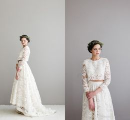 Two Pieces Wedding Dresses 2016 Jewel Long Sleeves Lace Wedding Gowns Short Front Long Back Custom Bohemian Wedding Dresses yo40