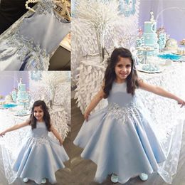 Light Blue Flower Girl Dresses With Lace Appliques Beads Crew Sleeveless Girls Pageant Gowns Ankle Length Baby Formal Party Dress