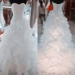 White Puffy Wedding Dress A Line 2017 Sweetheart Ruched Ruffles Organza Brides Dresses With Corset Back Real Photos Custom Made EN111710