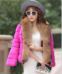 New fashion winter women's big real raccoon fur collar long sleeve natural rabbit fur luxury short coat casacos plus size 3XL candy Colours