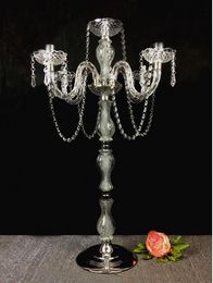 New design 60cm(H) Acrylic 5-lights alloy wedding candelabras with crystal pendants silver plated candle holder