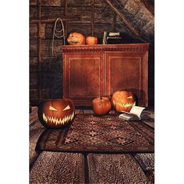 Indoor Room Pumpkin Lanterns Halloween Photography Backdrops Vinyl Brown Cabinet Children Kids Photo Studio Background Vintage Wooden Floor