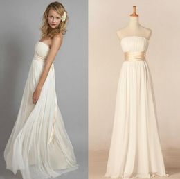 Elegant Chiffon Simple Wedding Guest Dress Cheap Ivory with Champagne Sash Strapless Bridesmaid Dresses Floor Length Maid of Honor Gowns