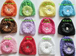 10pcs infant Classic Knit Handmade Waffle cap soft Crochet caps hats Absolutely Adorable baby cap with lily peony daisy flower pink MZ9111