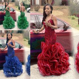 Gorgeous Royal Blue Red Green Prom Dress Sexy Ruffles Beaded Spaghetti Straps Special Occasion Dress Sweet 16 Pageant Evening Party Dress