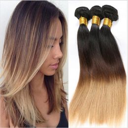 #1B/4/27 Honey Blonde Ombre Hair 3Pcs Brazilian Straight Three Tone Human Hair Weaves Extensions 9A Cheap Brazilian Human Hair Bundles