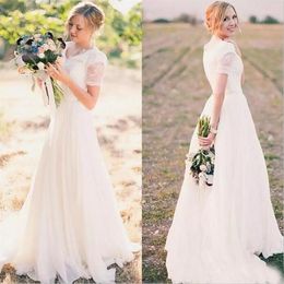 Cheap Country Wedding Dresses 2017 V Neck Lace Short Sleeve Top Chiffon Ruched Long Bridal Gowns Custom Made China EN9204