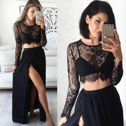 2018 Sexy Black Lace 2 Pieces Evening Dresses Illusion Long Sleeves High Slits Chiffon Prom Party Dress Formal Gown