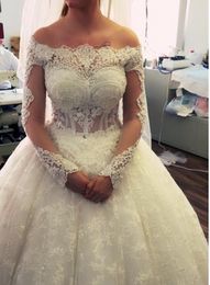 2018 New Vintage Wedding Dresses Plus Size Full Lace Crystal Pearls Ball Gown Off Shoulder Illusion Long Sleeves Formal Bridal Gowns