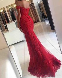 New Red Lace Mermaid Prom Dresses veatidos off Shoulder Beaded Appliques Tulle Floor Length Long Evening Gowns BA38093145