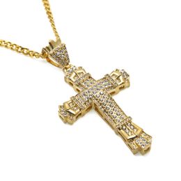 Mens Bling Iced Out 18K Gold Plated Hip Hop Rhinestones Crystal Cross Pendant Necklace Cuban Link Chain Men Jewellery Necklaces&Pendant