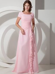 Pink Chiffon Long Modest Bridesmaid Dresses With Short Sleeves Square Neck Corset Back Brides Maid Dresses Real Photos Maids of Honor Dress