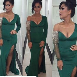 Sexy Hunter Green Elastic Silk like Satin Mermiad Prom Dresses Long With Long Sleeves Beaded Crystals Size Split Party Gowns EN8254