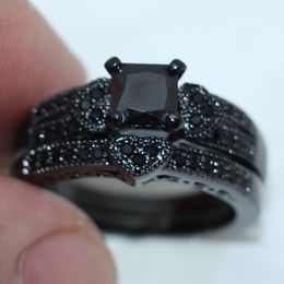 wholesale Fashion Three-heart Black Simulated Diamond CZ jewelry ring 10kt Black gold filled Wedding Band Ring Set for Women Size 5-10 Gift