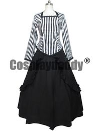 Civil War Victorian Black White Stripes Reenactment Stage Lolita Dress Cosplay Costume H008
