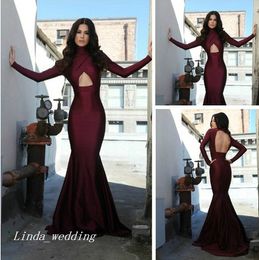 2019 Borgogna vestito da promenade di colore rosso Unico sirena maniche lunghe Backless Evening Party Gown Plus Size abiti da festa