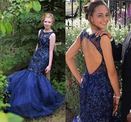 Evening Dresses Wear 2017 New Jewel Neck Lace Appliques Crystal Beaded Prom Dress Mermaid Open Back Long Sweep Train Navy Blue Party Gowns