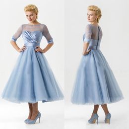 Vintage 2016 Serenity Blue Tulle A-line Tea Length Bridesmaid Dresses Country Cheap Sheer Neckline Half Sleeves Beach Formal Gowns2688