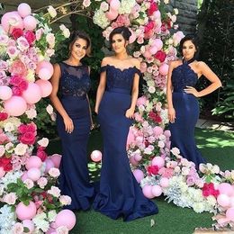 Navy Blue Bridesmaid Dresses Sexy Off Shoulder Mermaid Lace Appliques Satin Long For Wedding Plus Size Party Dress Maid Of Honor Gowns 403