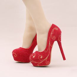 Newest Designer Red Wedding Shoes Imitation Pearl with Gold Rhinestone Bridal Dress Shoes Gorgeous Adult Ceremony Pumps Plus Size 10