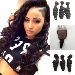 8A 3pcs loose wave weft hair with Silk closure peruvian unprocessed bundles with silk lace closure free/middle/3 part